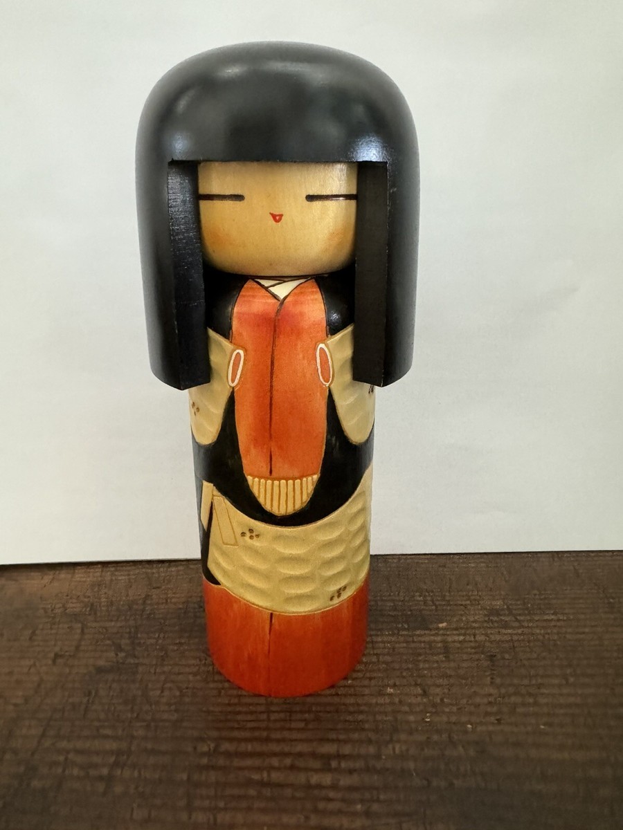 Japanese Wooden Kokeshi Doll by Kisaku inch Signed