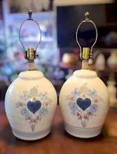 Set (2) Of Vintage Heart Floral California Ceramics Stoneware Table Lamps