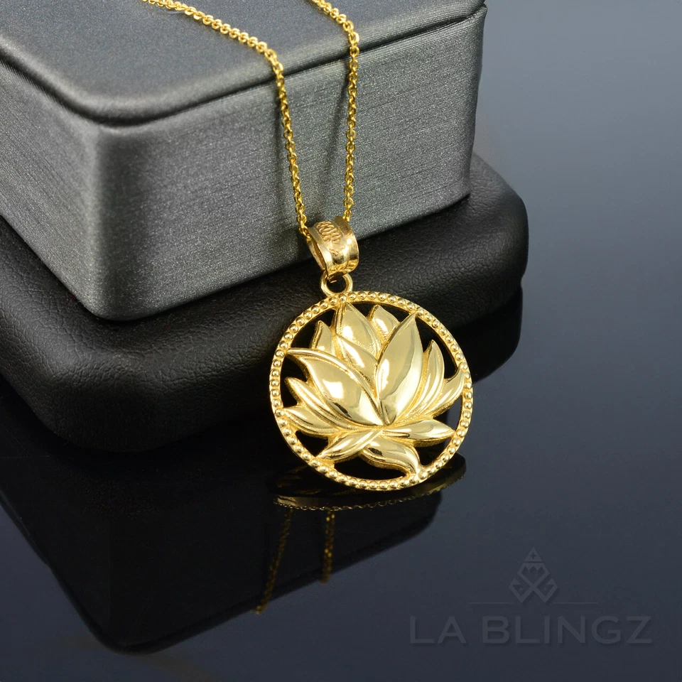 Gold Lotus Flower in Circle Yoga Pendant Necklace | 10k 14k Yellow White Rose - Image 4 of 4