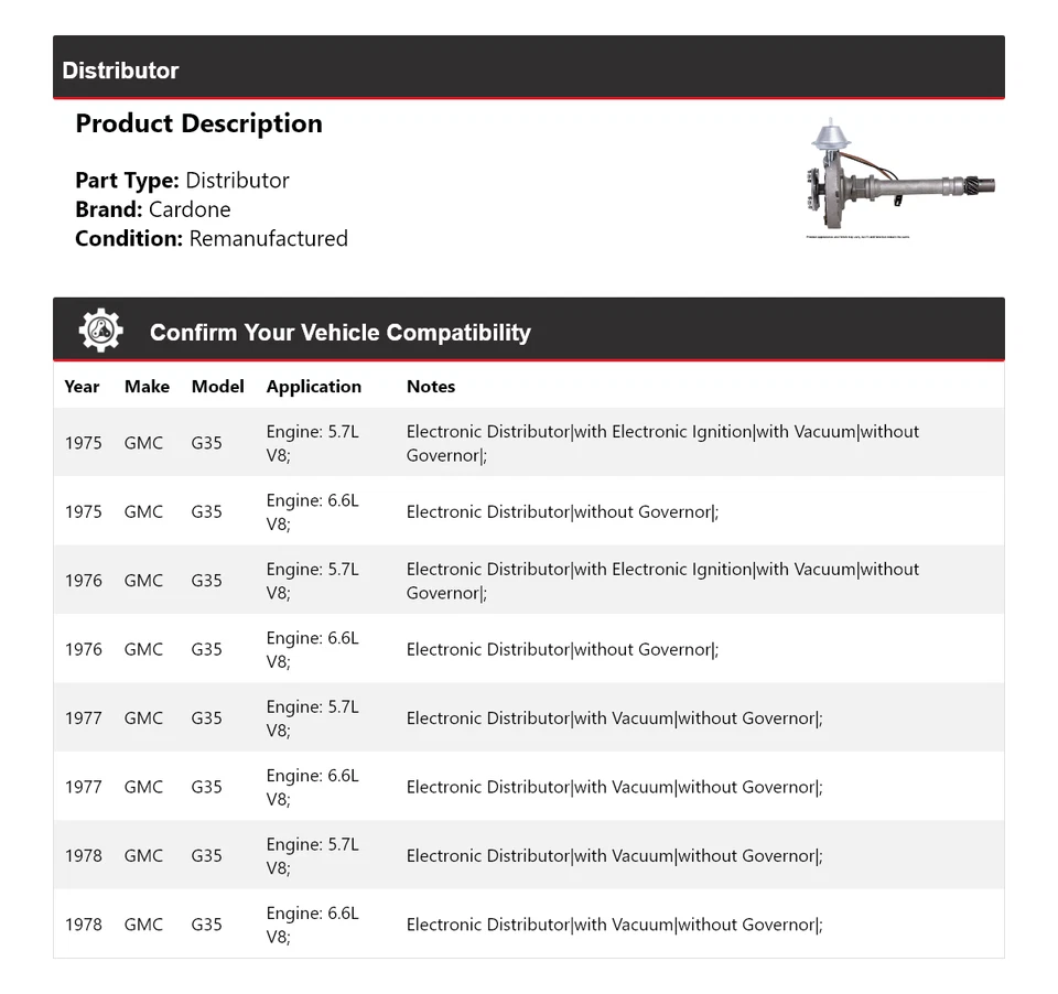 Para 1975-1978 GMC G35 Distribuidor Cardone 1976 1977 Foto 2 de 4