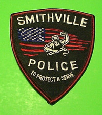 SMITHVILLE  OHIO  OH  4" ( BLACKSMITH /FLAG ) POLICE PATCH  MAROON BORDER VAR.