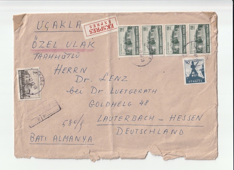 VINTAGE 1960’s TURKIYE REGISTERED AIRMAIL COVER TO USA MULTIPLE POSTAGE