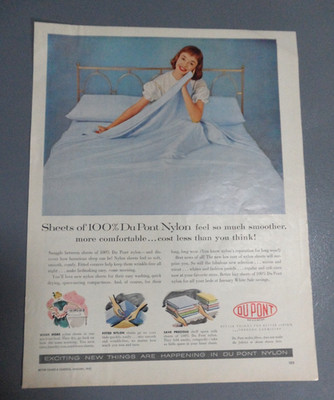 Du Pont Nylon Sky Blue Sheets Lady in Brass Bed Bedroom Decor 1957 Print Ad 326