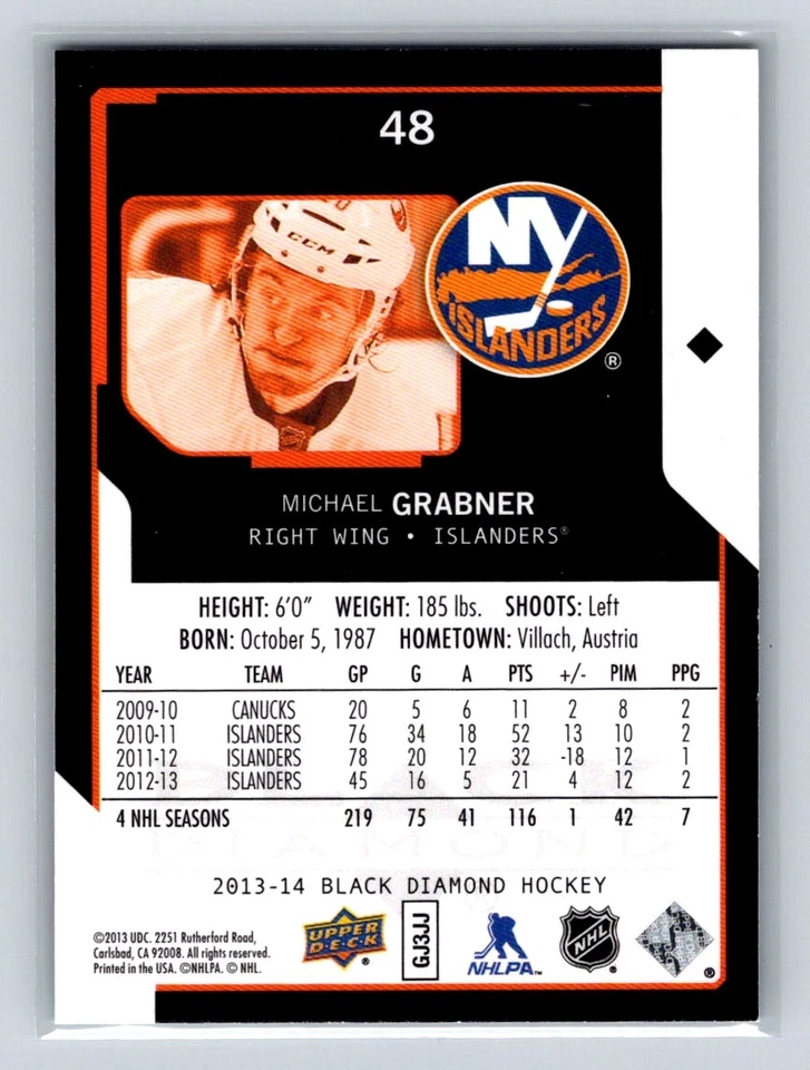 2013 Upper Deck Black Diamond #48 Michael Grabner New York Islanders - Image 2 of 2