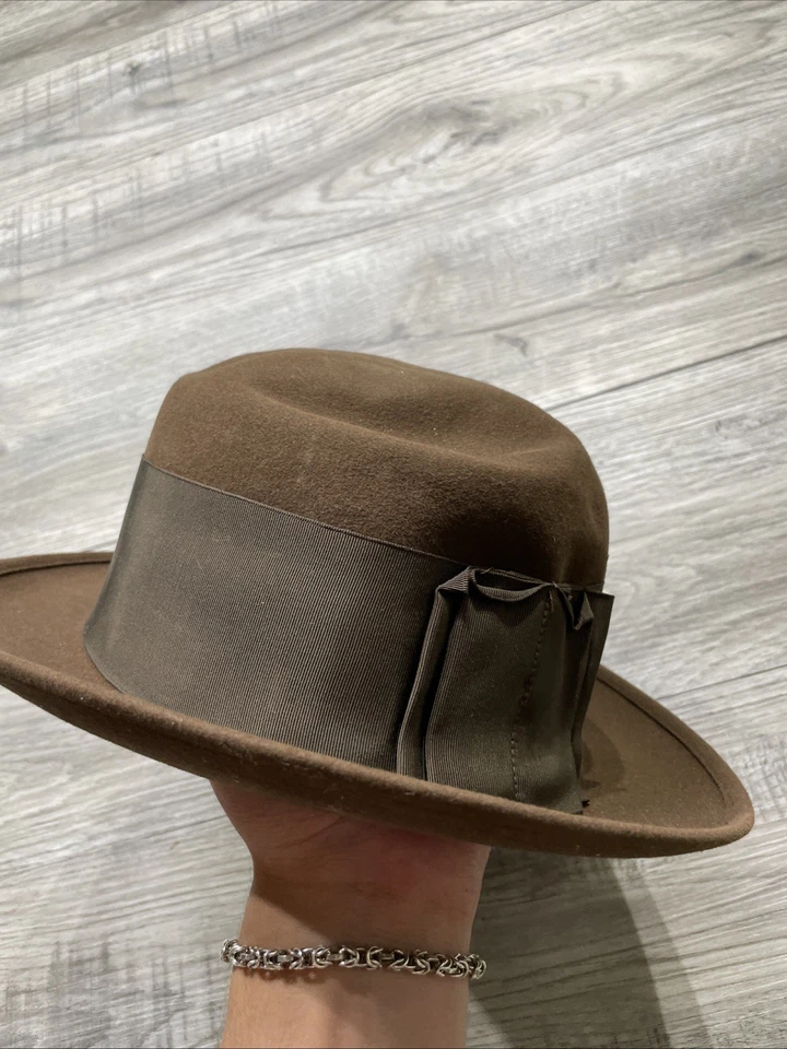 Винтажный 1950-х 1960-х годов Knox Premier 7 1/4 коричневый войлок Fedora мужская шляпа назад черный бант - Изображение 2 из 4