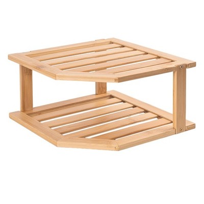 Kitchen Corner Storage Shelf Bamboo, 2 Tier Plate and Bowl Organizer, Brown