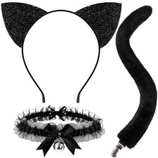 Cat Ears Headband and Tail , Black Cat Costume for Girls Halloween