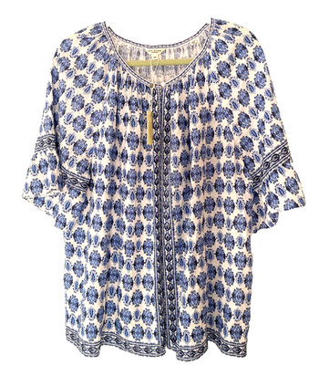 NWT MAX STUDIO Floral Border Print Short Ruffle Sleeve Shirt Sz 2X White/Blue