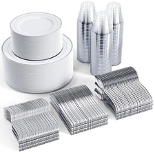 600 Ct Silver Dinnerware Set for 100 Guests - Silver Rimmed Disposable Plasti...