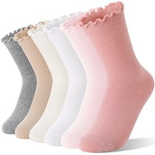 Girls Ruffle Socks Uniform Dress Frilly Cotton Crew Gifts Socks 6 Pairs Stock...
