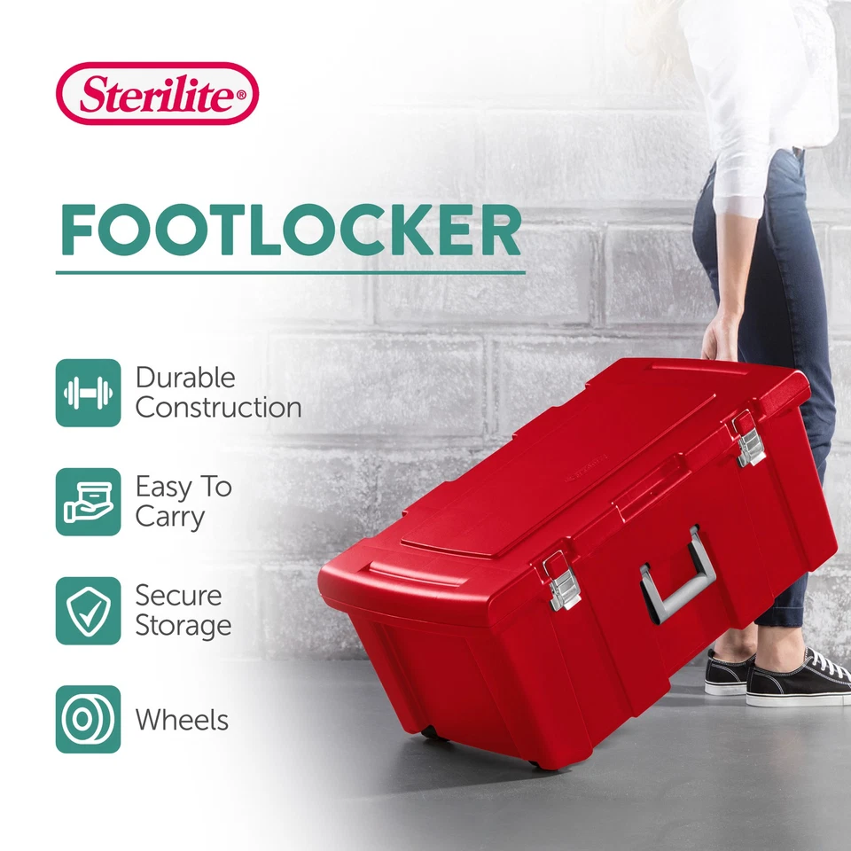 Sterilite Wheeled Footlocker, Plastic Utility Lockable Storage Container, Red - Image 3 of 4