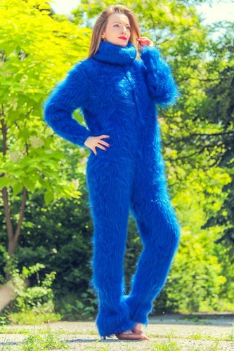 Blue mohair catsuit sweater fuzzy thick bodysuit turtleneck zentai overall - Picture 3 of 8