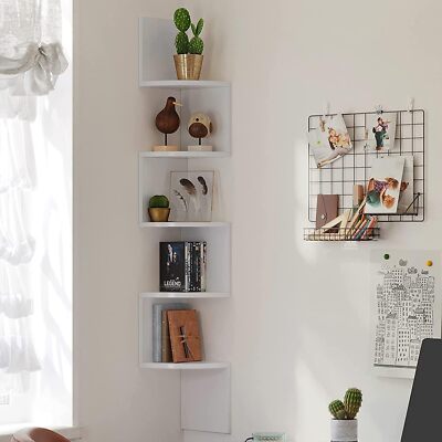HIGREENA 5-Tier Corner Shelf – Wooden Rustic Display Shelf For Living Room, Bedroom, Office, White Space Saver