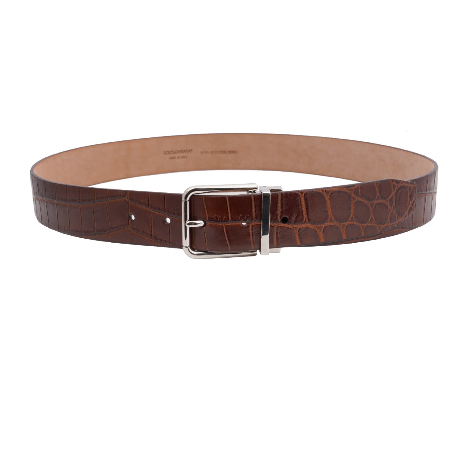 DOLCE & GABBANA Metal Buckle Croco Leather Belt Brown Silver 95 38