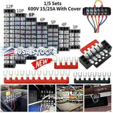 3-12 Pin Terminal Block Barrier Strip Dual Row Screw 15/25A with Cover 1/5 Sets