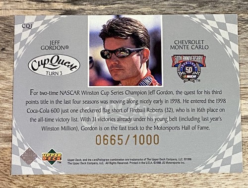 Jeff Gordon 1998 Upper Deck Road To The Cup Quest Turn 3 /1000 #CQ1 - Picture 2 of 2