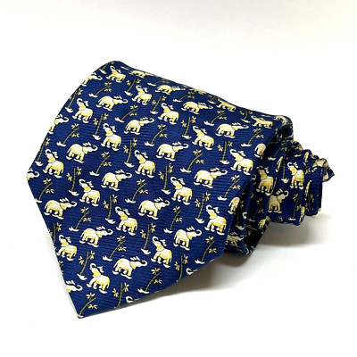 Bijoux Terner Men's Neck Tie - 100% Silk Handmade Blue Gold Yellow Elephants