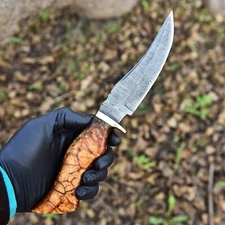 Forged Damascus Fixed Blade Hunting Bowie Knife Leather Sheath Outdoor Hunting