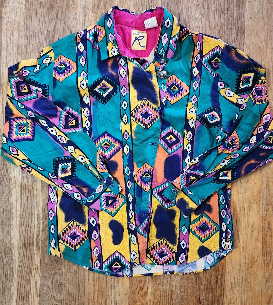 Vintage Roper Western Shirt Aztec Colorful Long Sleeve Size 13/14