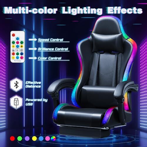 RGB Gaming Chair with LED Lights, Footrest and Massage Lumbar Black RGB