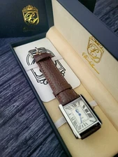 Pierre Lucerne Classic Mens Tank  White Dial Brown Leather band Watch With Box