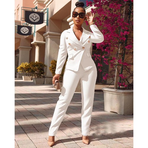 2 Pieces Women's Suits Double Breasted Blazer Pants Set Business Casual Outfits - Picture 8 of 23