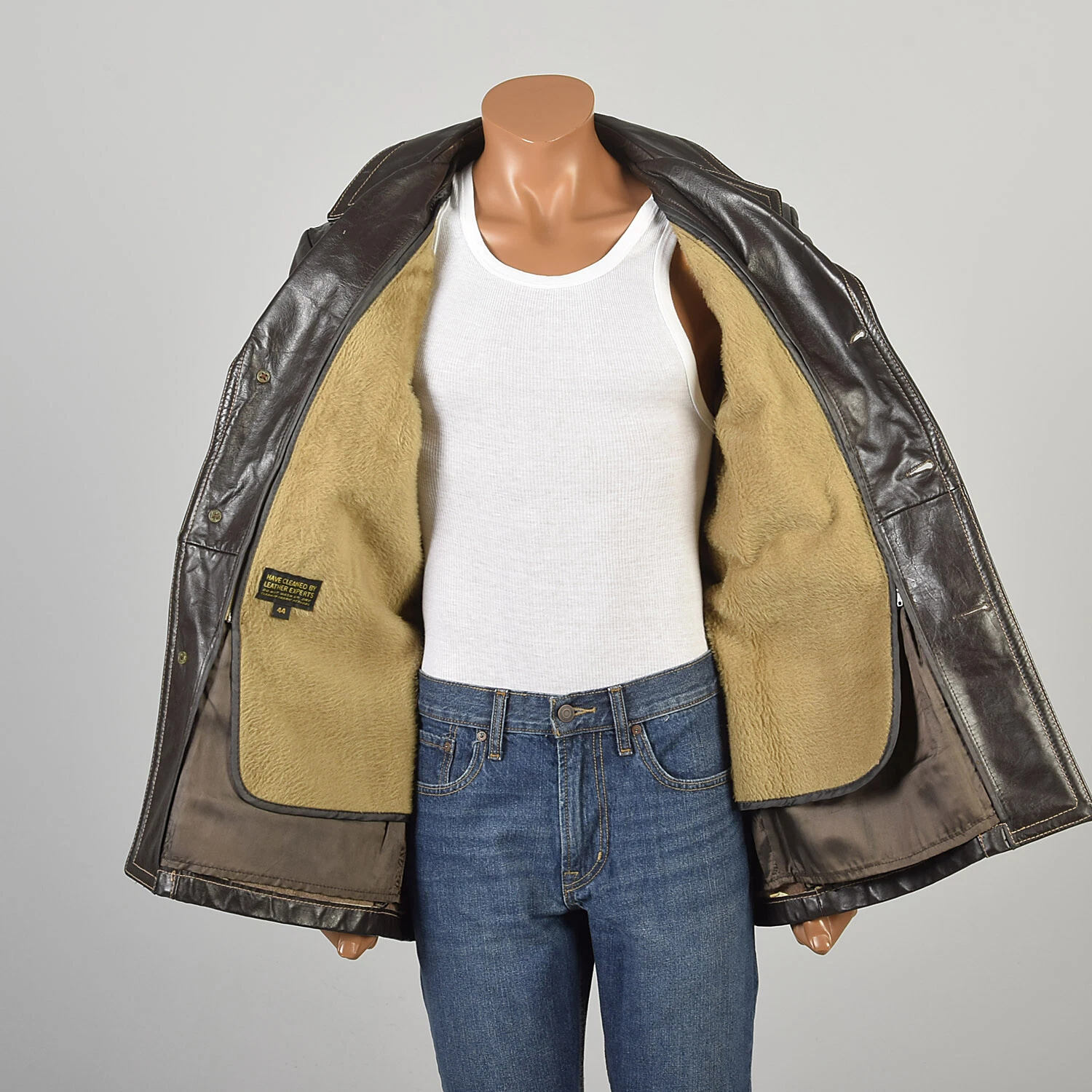  1970s classic leather collared front pockets hip length coat jacket