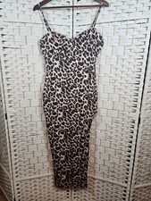 Womens Leopard Print Bodycon Side Slit Midi Dress Sz L Clubwear Night Out Party