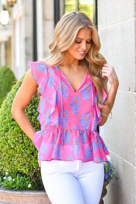 J Marie The Piper Peplum Top size Med Flutter Sleeve Pink Purple Tie Neck Lined