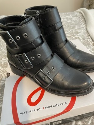 Blondo Camila Waterproof Black Leather Buckle Zipper Ankle Biker Boots Women 7.5