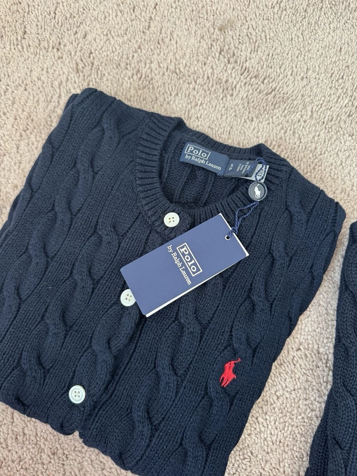 Cárdigan para mujer talla S/Ralph Lauren tejido con cable manga corta azul marino Foto 3 de 4
