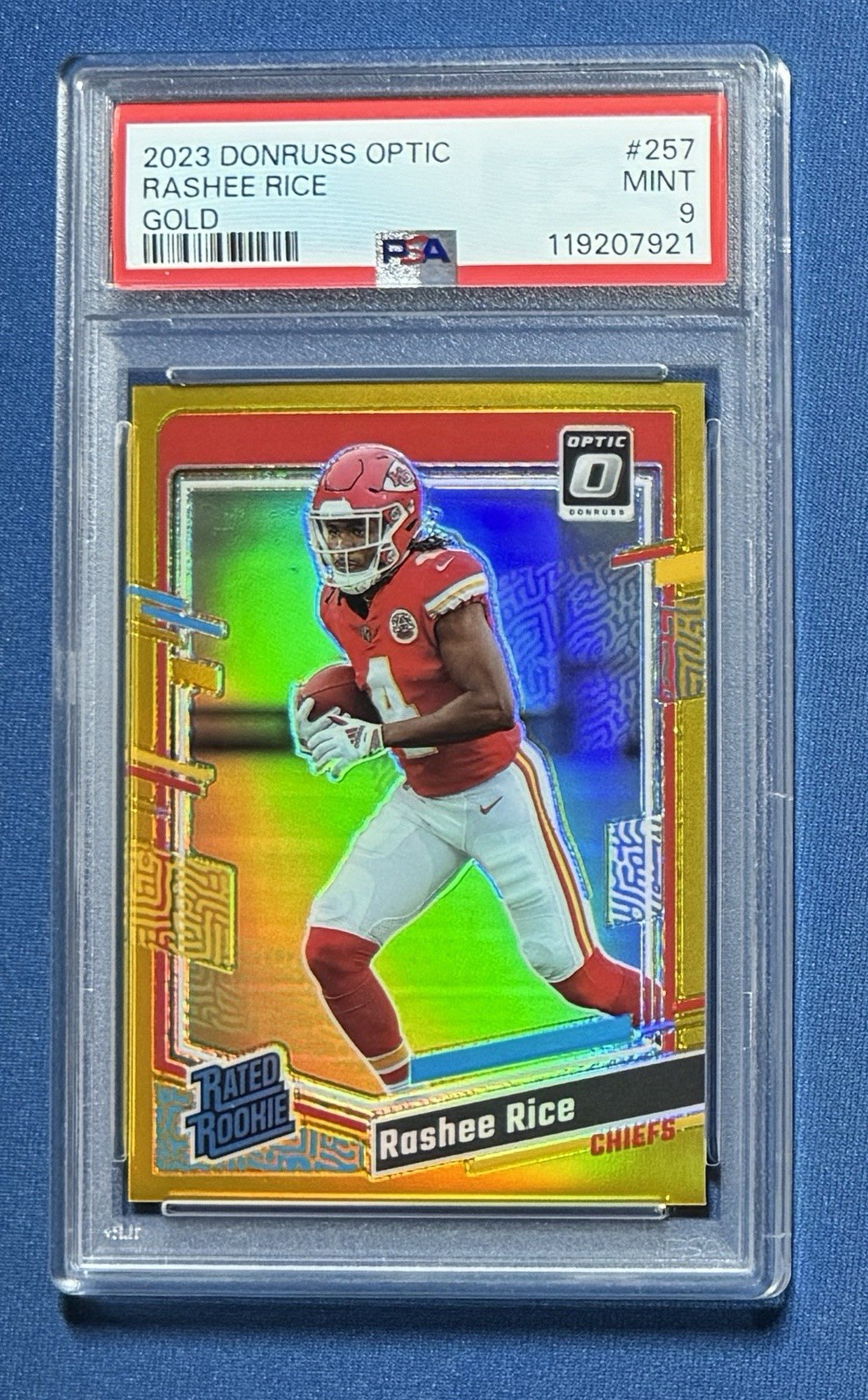 2023 Panini Optic Rashee Rice Gold Prizm 9/10 PSA 10 RC Chiefs #257