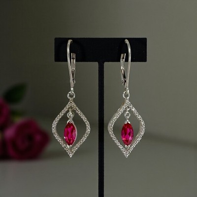Nachlass 10k Weißgold Lab Created Rubin & Diamant Akzent Ohrhänger 2,2g