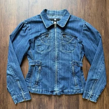 Bacci Jeans Denim Jacket Y2K Utility Puff Shoulder Cinched Waist Women’s Medium 