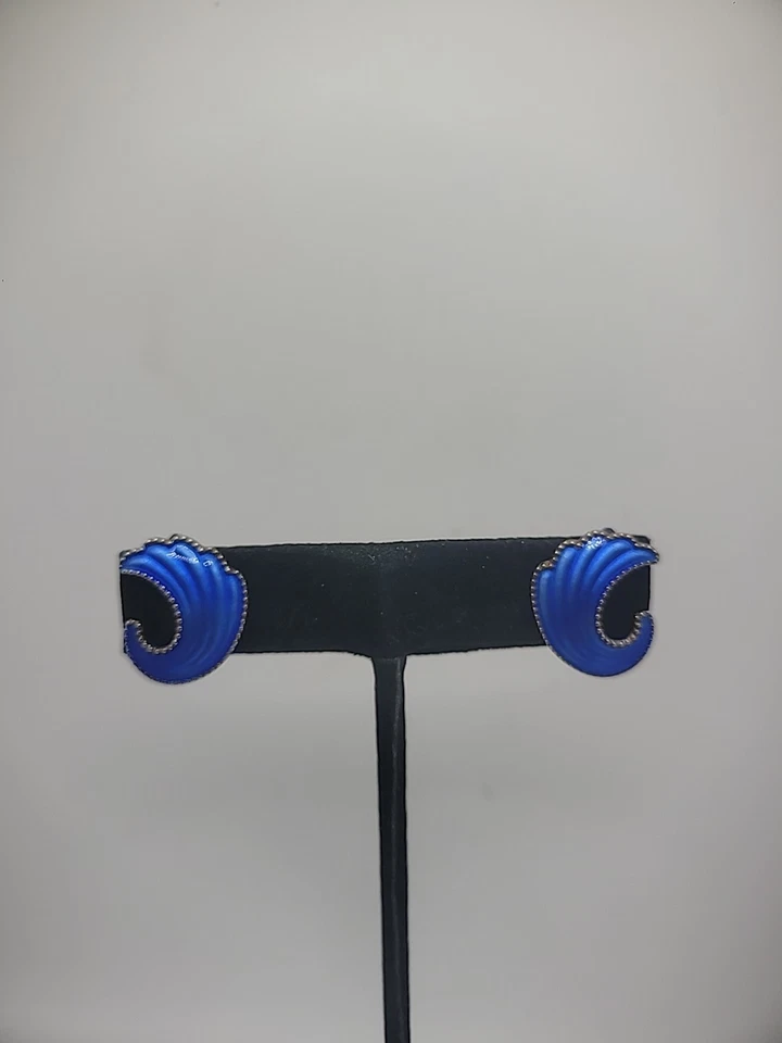 Pendientes Vintage Plata de Ley 925 Clip En Noruega Guilloche Azul Elvick Foto 4 de 4