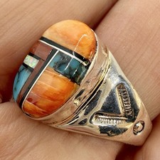 Navajo Inlay Multi Stone Turquoise Men's Ring Sz 9 Sterling by M Lincoln 5.9g