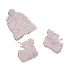 Baby Crochet Knit Hat Mittens Booties Set Pink Sparkle Pom Pom Newborn Gift 0-6