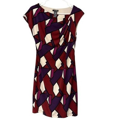 Bisou Bisou Dress Womens Size 4 Geometric Print Burgundy Purple Beige