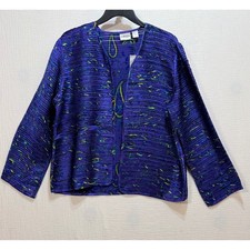 Chico's Silk Open Front Jacket Womens 1 Purple Paisley Pleated Artsy Silk Office