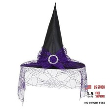 Witch Hat for Women, Halloween Wizard Hat with Veil for Cosplay Purple