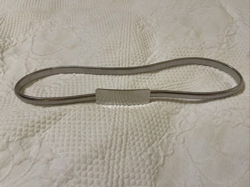 Vtg Silver Metal Snake Chain Stretch Belt Minimalist Rectangular Buckle 24”-28”