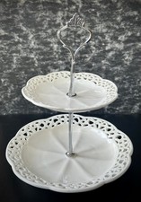 Victorian -Inspired 2-Tier White Serving Stand with Decorative Cut-Out Edges VGC