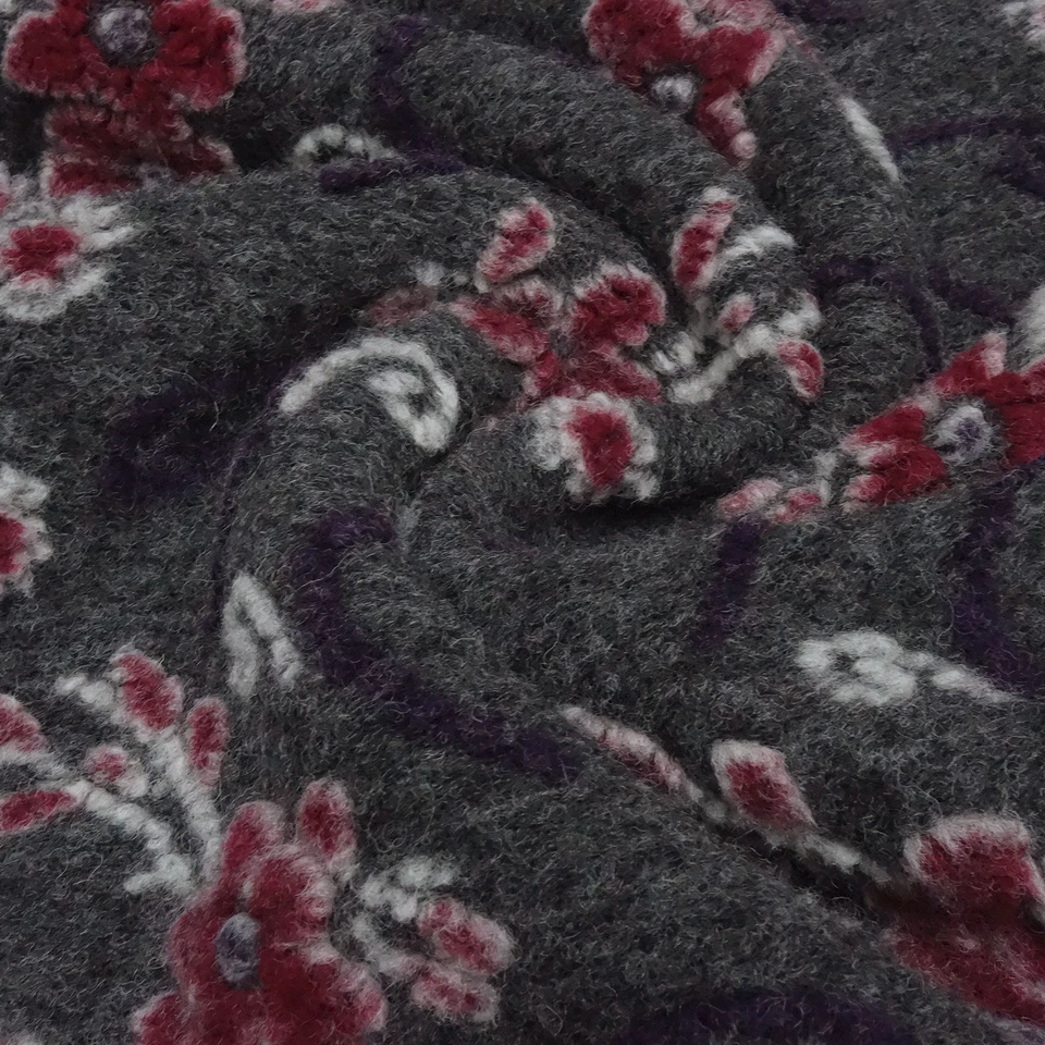 Stoff Ital. Musterwalk Walkloden Kochwolle Relief Blumen grau bordeaux weiß lila - Bild 4 von 4
