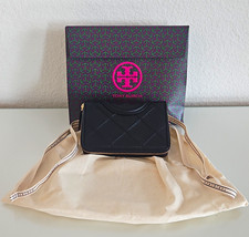 Tory Burch Black Quilted Logo Zip-Around Wallet OS w/ Box Dust Bag