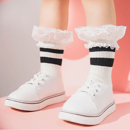 2Pack Cotton Striped Lace Colorful Pattern Novelty Crew Socks Toddlers Kids - Picture 5 of 6