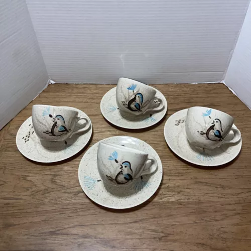 Red Wing Pottery Bob White Quail 1950’s Mid Century  set of 4 cups and saucers