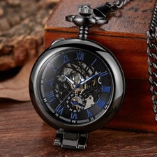 Unique Transparent Cover Hand Wind Mechanical Men's Pocket Watch Skeleton Dial