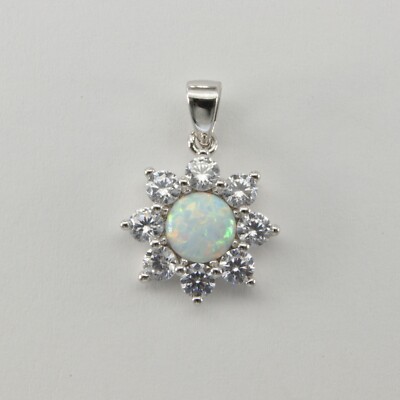 White Sun /Star  - FIRE OPAL Round Pendant - 925 STERLING SILVER - Rhodium #310e