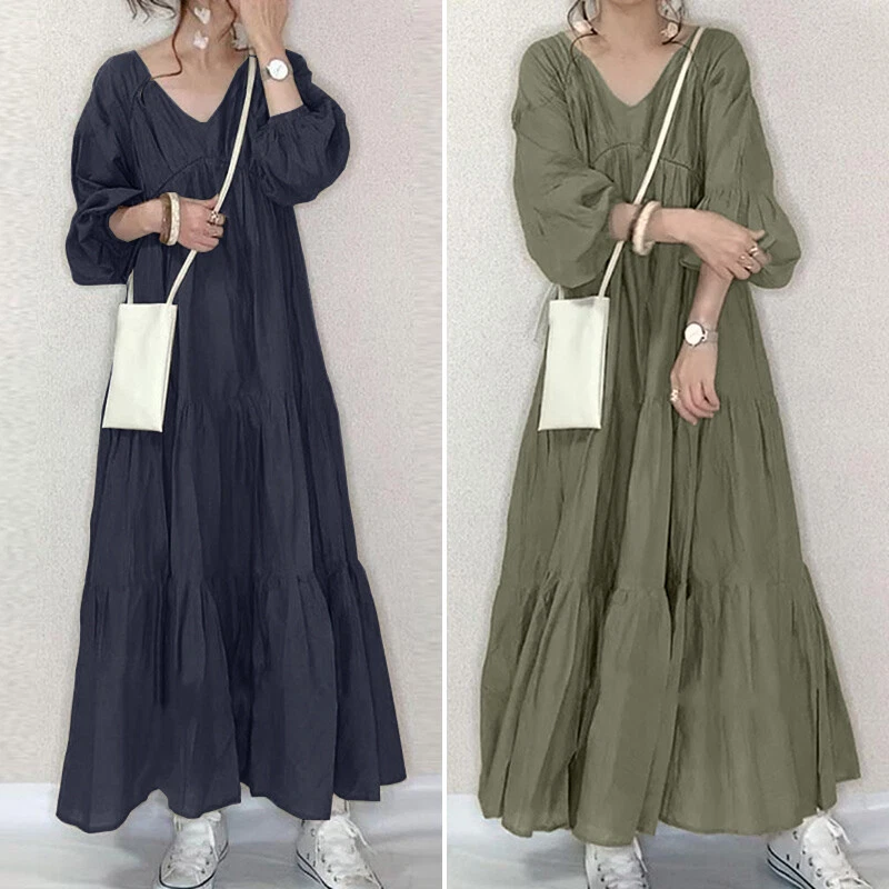 Vestido maxi camisa longo solto sólido Kaftan manga comprida gola V feminino - Imagem 4 de 4