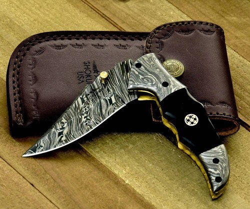 CUSTOM HANDMADE FORGED DAMASCUS STEEL EDC FOLDING BLADE POCKET KNIFE + SHEATH - Picture 5 of 9